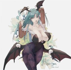 Rule 34 | 1girl, animal print, arm behind head, armpits, arms up, breasts, capcom, covered navel, curvy, demon girl, green eyes, green hair, head wings, highres, huge breasts, large breasts, legs, long hair, looking at viewer, morrigan aensland, seductive smile, smile, solo, thick thighs, thighs, vampire (game), wings