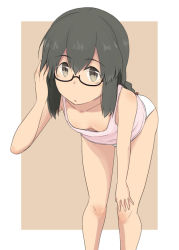 Rule 34 | 1girl, black-framed eyewear, black eyes, black hair, border, braid, breasts, brown background, camisole, commentary request, feet out of frame, hair between eyes, isonami (kancolle), kantai collection, kugui kiyunemu, leaning forward, long hair, looking at viewer, panties, pink camisole, semi-rimless eyewear, sidelocks, small breasts, solo, two-tone background, under-rim eyewear, underwear, underwear only, white border, white panties