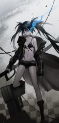 Rule 34 | 1girl, absurdres, belt, belt buckle, bikini, bikini top only, black bikini, black choker, black coat, black footwear, black hair, black rock shooter, black rock shooter (character), black shorts, blue eyes, boots, breasts, brown belt, buckle, choker, cleavage, closed mouth, coat, collarbone, fei (songyijie), flaming eye, floating hair, front-tie bikini top, front-tie top, grey background, hair between eyes, highres, holding, holding sword, holding weapon, knee boots, leg up, long hair, long sleeves, looking at viewer, open clothes, open coat, short shorts, shorts, sideboob, small breasts, solo, swimsuit, sword, unzipped, very long hair, weapon