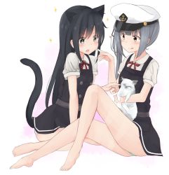 Rule 34 | 10s, 2girls, :q, anchor symbol, animal, animal ears, asashio (kancolle), bare legs, barefoot, belt, black eyes, black hair, blue panties, blush, cat, cat ears, cat tail, closed mouth, collared shirt, dress, eyebrows, full body, green panties, grey hair, hand on another&#039;s cheek, hand on another&#039;s face, hat, heart, highres, holding, holding animal, kantai collection, kasumi (kancolle), kasumi kai ni (kancolle), kemonomimi mode, long hair, multicolored background, multiple girls, neck ribbon, open mouth, panties, peaked cap, pinafore dress, red ribbon, ribbon, shirt, short sleeves, side ponytail, sitting, sleeveless, sleeveless dress, smile, sparkle, sparkling eyes, tail, tongue, tongue out, two-tone background, underwear, wariza, white background, white panties, white shirt, yellow eyes, yuki (yukin0128)