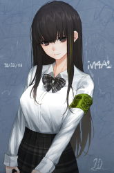 Rule 34 | 1girl, armband, black bow, black bowtie, black hair, black skirt, blue background, bow, bowtie, breasts, brown eyes, character name, closed mouth, collared shirt, cowboy shot, dated, dress shirt, expressionless, girls&#039; frontline, green hair, long hair, long sleeves, m4a1 (girls&#039; frontline), medium breasts, multicolored hair, plaid, plaid bow, plaid bowtie, plaid neckwear, plaid skirt, shirt, sidelocks, signature, skirt, solo, straight hair, streaked hair, ten cws, white shirt
