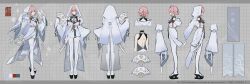 1girl closed_mouth concept_art dress full_body glasses gloves halloween_costume hand_fan highres holding holding_fan long_hair looking_at_viewer multiple_views pink_hair purple_eyes smile standing teru2307 tsukishiro_yanagi veil white_dress white_gloves white_veil wide_sleeves zenless_zone_zero