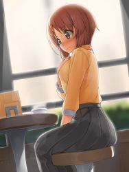 Rule 34 | 10s, 1girl, 3:, @ @, araki mitsuru, between legs, black skirt, blouse, blurry, blush, bra, bra visible through clothes, brown eyes, brown hair, cafe, casual, chair, closed mouth, cup, day, depth of field, embarrassed, from side, girls und panzer, hand between legs, hand on own chest, highres, indoors, lens flare, light frown, long skirt, long sleeves, looking down, nishizumi miho, pantylines, pleated skirt, restaurant, see-through, shirt, short hair, short hair with long locks, sitting, skirt, solo, steam, sunlight, table, teacup, underwear, window, yellow shirt