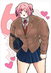 Rule 34 | 1girl, :d, bag, blue skirt, brown jacket, buffsuki, cappuccino1, collared shirt, doki doki literature club, fang, hair ornament, hair ribbon, hairclip, heart, holding, holding bag, jacket, meme, muscular, muscular female, natsuki (doki doki literature club), open mouth, pink eyes, pink hair, pleated skirt, red ribbon, ribbon, school bag, school uniform, shirt, short hair, simple background, skirt, smile, solo, standing, swept bangs, two side up, wing collar