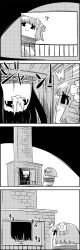 Rule 34 | 4koma, ?, ^^^, bound, chimney, comic, commentary request, facial hair, fake facial hair, fake mustache, flower, greyscale, hair flower, hair ornament, hat, hieda no akyuu, highres, houraisan kaguya, monochrome, mustache, no humans, shaded face, smile, surprised, tani takeshi, tied up (nonsexual), touhou, translation request, upside-down, yukkuri shiteitte ne