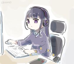 Rule 34 | 1girl, alternate costume, artist name, at computer, blunt bangs, cellphone, chair, chibi, clothes writing, commentary, contemporary, english commentary, genshin impact, headphones, keyboard (computer), long hair, looking at phone, mouse (computer), office chair, phone, purple eyes, purple hair, raiden shogun, sidelocks, smartphone, solo, sound effects, swivel chair, xinzoruo