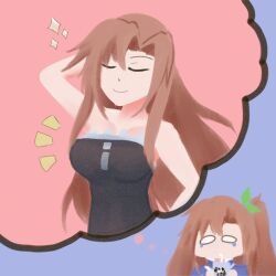 Rule 34 | 1girl, alternate breast size, alternate hairstyle, arm behind head, breasts, brown hair, cleavage, closed eyes, cup, drinking glass, hair ribbon, hand on own hip, highres, if (neptunia), imagining, large breasts, long hair, model pose, neptune (series), o o, ribbon, side ponytail, smile, solo, tears