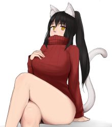 Rule 34 | 1girl, alternate eye color, animal ear fluff, animal ears, black hair, bottomless, breasts, cat ears, cat girl, cat tail, clip studio paint (medium), commentary request, crossed legs, hand on own chest, highres, krita (medium), large breasts, long hair, looking at viewer, no pants, noihara himari, omamori himari, open mouth, red sweater, simple background, sitting, slit pupils, solo, suma (sumairuzu), sweater, tail, thighs, white background