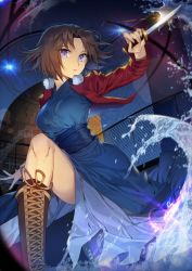 Rule 34 | 1girl, bad id, bad pixiv id, blue eyes, boots, breasts, brown footwear, brown hair, carchet, cropped jacket, cross-laced footwear, dagger, glint, holding, holding weapon, jacket, japanese clothes, kara no kyoukai, kimono, kneeling, knife, lace-up boots, looking at viewer, medium breasts, night, obi, on one knee, open clothes, open jacket, parted bangs, parted lips, red jacket, ryougi shiki, sash, short hair, solo, type-moon, water, weapon