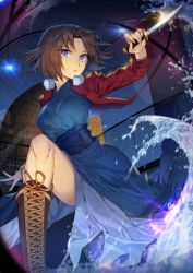 1girl bad_id bad_pixiv_id blue_eyes boots breasts brown_footwear brown_hair carchet cropped_jacket cross-laced_footwear dagger female_focus glint holding holding_weapon jacket japanese_clothes kara_no_kyoukai kimono kneeling knife lace-up_boots looking_at_viewer medium_breasts night obi on_one_knee open_clothes open_jacket parted_bangs parted_lips red_jacket ryougi_shiki sash short_hair solo type-moon water weapon