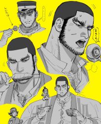 Rule 34 | 2boys, beard stubble, buzz cut, chest hair, chopsticks, cikapasi, eating, facial hair, fat, fat man, feeding, golden kamuy, greyscale with colored background, hairy, hand hair, happy, highres, holding, holding chopsticks, inkarmat, jo tuesday19, light blush, male focus, mature male, multiple boys, muscular, muscular male, pectoral cleavage, pectorals, short hair, sitting on shoulder, stubble, tanigaki genjirou, thick eyebrows, tongue, tongue out, translation request, veiny neck, very short hair, wardrobe malfunction, weight gain