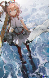 Rule 34 | &gt;:), 10s, 1girl, animal, arm at side, artist name, blue eyes, breast pocket, breasts, brown hair, chromatic aberration, colored eyelashes, dress, flight deck, from above, full body, hair between eyes, hair ornament, high heels, highres, impossible clothes, kantai collection, large breasts, long hair, looking at viewer, neckerchief, novelance, pocket, ponytail, red neckerchief, red thighhighs, saratoga (kancolle), side ponytail, sidelocks, sketch, smile, smokestack, standing, standing on liquid, thighhighs, v-shaped eyebrows, water, white dress