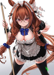 Rule 34 | 1girl, alternate costume, animal ears, apron, bespectacled, black dress, black thighhighs, blue bow, blue bowtie, blush, bow, bowtie, breasts, broom, brown hair, cleavage, cleavage cutout, closed mouth, clothing cutout, daiwa scarlet (umamusume), dress, drill hair, enmaided, feet out of frame, frown, glasses, gradient background, hair intakes, hand on own hip, holding, holding broom, horse ears, horse girl, horse tail, leaning forward, legs apart, long hair, looking at viewer, maid, maid headdress, medium breasts, red eyes, round eyewear, short sleeves, signature, solo, standing, tail, thighhighs, twin drills, umamusume, v-shaped eyebrows, waist apron, wrist cuffs, youmou usagi