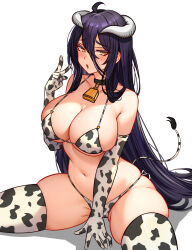 Rule 34 | 1girl, albedo (overlord), animal print, bell, between legs, bikini, black hair, blush, breasts, cetta (cettadvd), cleavage, collarbone, cow print, cow print bikini, cow print gloves, cow print thighhighs, cow tail, curled horns, demon girl, demon horns, elbow gloves, embarrassed, eyebrows, eyelashes, fake tail, feet out of frame, female focus, gloves, hand between legs, hand up, horns, huge breasts, long hair, looking at viewer, m/, navel, neck bell, open mouth, overlord (maruyama), print bikini, print gloves, print thighhighs, simple background, solo, spread legs, swimsuit, tail, thick thighs, thighhighs, thighs, white background, yellow eyes