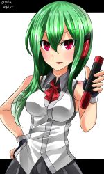 Rule 34 | 1girl, admiral hipper (warship girls r), ammunition, bow, bowtie, breasts, dated, fingerless gloves, gloves, green hair, grey skirt, hand on own hip, hebitsukai-san, highres, holding, holding weapon, long hair, medium breasts, red eyes, shirt, signature, simple background, skirt, sleeveless, sleeveless shirt, smile, solo, warship girls r, weapon, white shirt