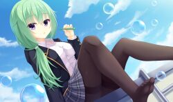 Rule 34 | 1girl, arm at side, black jacket, black pantyhose, blue sky, breasts, blowing bubbles, cloud, collared shirt, day, dutch angle, eyelashes, eyes visible through hair, feet, green hair, grey skirt, gyaoo yuzu soft, hair between eyes, hand up, highres, jacket, knees up, long hair, looking at viewer, low ponytail, medium breasts, miniskirt, no shoes, open clothes, open jacket, original, outdoors, pantyhose, parted lips, plaid, plaid skirt, pleated skirt, purple eyes, school uniform, shirt, sitting, skirt, sky, soap bubbles, solo, thighband pantyhose, white shirt