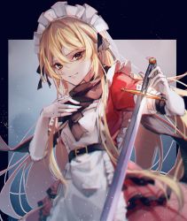 Rule 34 | 1girl, apron, black scarf, blonde hair, closed mouth, commission, cowboy shot, dress, elbow gloves, gloves, hair between eyes, highres, holding, holding sword, holding weapon, long hair, looking at viewer, maid headdress, red dress, red eyes, scarf, shometsu-kei no teruru, skeb commission, solo, standing, sword, touhou, touhou (pc-98), weapon, white apron, white gloves, yumeko (touhou)