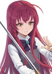 Rule 34 | 1girl, ahoge, blush, bow, bowtie, braid, buttons, closed mouth, collared shirt, commentary request, fagi (kakikaki), female focus, fingernails, grey vest, hand up, hataraku maou-sama!, holding, holding sword, holding weapon, long hair, long sleeves, looking at viewer, purple bow, purple bowtie, red hair, shirt, simple background, solo, sword, upper body, vest, weapon, white shirt, yellow eyes, yusa emi