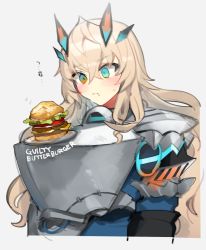 Rule 34 | 1girl, armor, blonde hair, breastplate, breasts, burger, barghest (fate), barghest (first ascension) (fate), fate/grand order, fate (series), food, green eyes, horns, large breasts, long hair, pauldrons, plate, shoulder armor, tan (inka), thighs