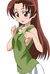 Rule 34 | 1girl, blush, breasts, brown eyes, brown hair, commentary, girls und panzer, green shirt, hair down, highres, kadotani anzu, long hair, looking at viewer, military, military uniform, miniskirt, ooarai military uniform, open mouth, parted bangs, pleated skirt, shirt, simple background, skirt, small breasts, smile, solo, standing, tank top, uniform, wakku kan, white background, white skirt