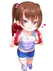 Rule 34 | 1girl, :3, backpack, bag, brown hair, child, collarbone, fang, from above, full body, grin, hair between eyes, hair bobbles, hair ornament, heart, highres, kirisame mia, looking at viewer, midriff, open mouth, original, purple eyes, randoseru, short shorts, shorts, simple background, smile, solo, standing, striped clothes, striped thighhighs, tank top, thighhighs, twintails, white background