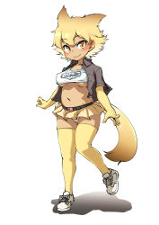 Rule 34 | 1girl, absurdres, american flag, arms at sides, banubeefriends, belt, blonde hair, blush, breasts, brown eyes, brown skirt, closed mouth, collarbone, covered erect nipples, coyote (kemono friends), wolf tail, dark-skinned female, dark skin, elbow gloves, full body, gloves, gradient hair, hair between eyes, highres, kemono friends, light brown hair, looking at viewer, medium breasts, medium hair, microskirt, midriff, multicolored hair, navel, open clothes, open shirt, panties, shoes, short sleeves, simple background, skirt, smile, solo, stomach, tail, tank top, thighhighs, underboob, underwear, walking, white background, white footwear, white panties, yellow gloves, yellow thighhighs