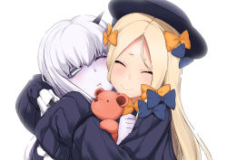 Rule 34 | 2girls, ^ ^, abigail williams (fate), black bow, black dress, black hat, blonde hair, bow, closed eyes, closed mouth, commentary request, dress, fate/grand order, fate (series), forehead, hair between eyes, hair bow, hat, horns, hug, hugging object, lavinia whateley (fate), long sleeves, looking to the side, multiple girls, orange bow, pale skin, parted bangs, parted lips, polka dot, polka dot bow, purple eyes, simple background, single horn, sleeves past wrists, smile, stuffed animal, stuffed toy, tanabe (studio tiamat), teddy bear, white background, white hair, wide-eyed