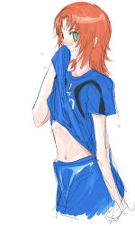 Rule 34 | 00s, 1girl, 2006 fifa world cup, aida yuu, clothes lift, clothes writing, green eyes, gunslinger girl, italy, jersey, petrushka, red hair, shirt lift, short hair, simple background, sketch, soccer, solo, sportswear, sweat, world cup