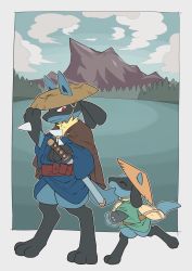 Rule 34 | border, brown headwear, clothed pokemon, cloud, commentary, creatures (company), day, evolutionary line, closed eyes, game freak, gen 4 pokemon, hat, clothed pokemon, highres, lucario, mountain, nintendo, outdoors, pkpokopoko3, pokemon, pokemon (creature), riolu, sash, sky, smile, standing, toes, white border