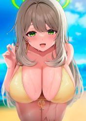 Rule 34 | 1girl, ayomo ro, bikini, blonde hair, blue archive, blush, breasts, cleavage, collarbone, green eyes, halo, highres, huge breasts, long hair, looking at viewer, nonomi (blue archive), nonomi (swimsuit) (blue archive), open mouth, smile, solo, swimsuit, wet, yellow bikini
