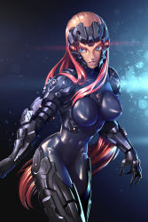 Rule 34 | 1girl, armor, blue eyes, breasts, dark skin, dark-skinned female, ikegami noroshi, impossible clothes, lens flare, long hair, looking to the side, medium breasts, navel, nipples, parted lips, red hair, science fiction, skin tight, solo, very long hair