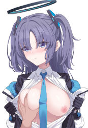 Rule 34 | 1boy, 1girl, absurdres, black gloves, blue archive, blue necktie, blush, breasts, breasts out, closed mouth, clothes pull, collar tug, collared shirt, commentary request, eyes visible through hair, gloves, grabbing, grabbing another&#039;s breast, halo, highres, jacket, kurageumisawa, large breasts, long hair, long sleeves, looking at viewer, mechanical halo, necktie, nipples, off shoulder, out of frame, parted bangs, purple eyes, purple hair, shirt, shirt pull, simple background, solo focus, two side up, v-shaped eyebrows, white background, white shirt, yuuka (blue archive)