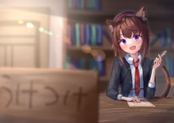 Rule 34 | 1girl, :d, akinakesu-chan, animal ear fluff, animal ears, beret, black hat, black jacket, blurry, blurry background, blurry foreground, book, bookshelf, brown hair, collared shirt, commentary request, depth of field, fang, hair between eyes, hand up, hat, highres, holding, jacket, necktie, open clothes, open jacket, open mouth, original, purple eyes, quill, red necktie, school uniform, shirt, smile, solo, translation request, white shirt