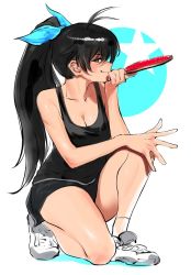 Rule 34 | 1girl, antenna hair, bare shoulders, black hair, black shorts, black tank top, blue background, blue eyes, breasts, bukimi isan, cleavage, collarbone, commentary request, ganaha hibiki, grey footwear, hair ribbon, holding, idolmaster, idolmaster (classic), long hair, looking at viewer, medium breasts, on one knee, ponytail, profile, ribbon, shoes, shorts, smile, smug, solo, sweat, tank top, white background