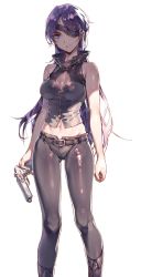 Rule 34 | 1girl, bare shoulders, black footwear, black pants, boots, breasts, cleavage, cleavage cutout, clenched teeth, clothing cutout, collar, dsmile, eyepatch, gun, handgun, holding, holding gun, holding weapon, knee boots, long hair, mirai nikki, navel, pants, parted lips, purple eyes, purple hair, shiny clothes, shirt, simple background, sleeveless, sleeveless shirt, solo, standing, stomach, tank top, teeth, uryuu minene, very long hair, weapon, white background