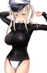Rule 34 | 10s, 1girl, blonde hair, blush, breasts, commentary request, competition swimsuit, graf zeppelin (kancolle), hat, jacket, kantai collection, large breasts, one-piece swimsuit, peaked cap, purple eyes, shirt, smile, solo, swimsuit, tight clothes, tight shirt, twintails, untue