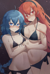 Rule 34 | 2girls, asymmetrical docking, bare shoulders, bikini, black bikini, blue hair, blush, breast press, breasts, breasts apart, cleavage, closed mouth, collarbone, commentary request, cowboy shot, eris greyrat, female focus, front-tie bikini top, front-tie top, groin, hair between eyes, looking at viewer, matching hair/eyes, multiple girls, mushoku tensei, nakami chihiro, navel, nose blush, parted lips, red eyes, red hair, roxy migurdia, sidelocks, small breasts, smile, standing, stomach, swimsuit, underboob