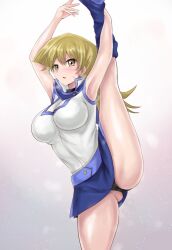 Rule 34 | 1girl, alternate costume, armpits, arms up, ass, ballerina position, blonde hair, blush, boots, breasts, cleavage, konami, large breasts, leg grab, leg up, long hair, looking at viewer, miniskirt, nervous, nervous sweating, open mouth, panties, panty flash, pantyshot, parted lips, presenting, r-binon, school uniform, shiny skin, simple background, skirt, standing, standing on one leg, steam from mouth, steaming body, sweat, tenjouin asuka, underwear, upskirt, v-shaped eyebrows, white background, yellow eyes, yu-gi-oh!, yu-gi-oh! gx