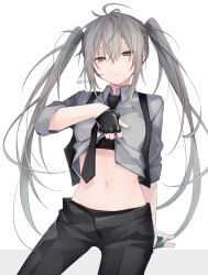 Rule 34 | 1girl, black gloves, black necktie, black pants, closed mouth, clothes lift, collared shirt, copyright request, fingerless gloves, gloves, green eyes, grey hair, grey shirt, hair between eyes, half-closed eyes, kuroi (liar-player), lifting own clothes, long sleeves, navel, necktie, pants, shirt, shirt lift, sidelocks, simple background, solo, twintails, twitter username, white background
