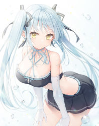 Rule 34 | 1girl, bare shoulders, black ribbon, black skirt, blue hair, blush, breasts, cleavage, closed mouth, collarbone, crop top, earrings, elbow gloves, gloves, hair ribbon, highres, jewelry, kine-c, leaning forward, long hair, medium breasts, original, pleated skirt, ribbon, skirt, solo, twintails, very long hair, water drop, white gloves, yellow eyes