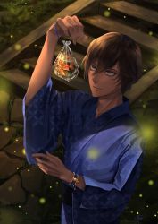 Rule 34 | 1boy, absurdres, aerial fireworks, arjuna (fate), bag, bagged fish, blue kimono, bracelet, brown eyes, brown hair, bug, dark-skinned male, dark skin, fate/grand order, fate (series), firefly, fireworks, fish, goldfish, grass, hair between eyes, highres, insect, japanese clothes, jewelry, kimono, male focus, night, night sky, nyaon oekaki, outdoors, reflection, signature, sky, solo, stairs, standing, wide sleeves, yukata