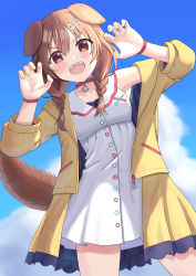 Rule 34 | 1girl, :d, absurdres, animal ears, blush, bone hair ornament, bracelet, braid, brown eyes, brown hair, claw pose, collar, dog ears, dog girl, dog tail, dress, fangs, hair ornament, highres, hololive, inugami korone, inugami korone (1st costume), jacket, jewelry, long hair, nail polish, off shoulder, open clothes, open jacket, open mouth, rukimi8787, sky, sleeveless, sleeveless dress, smile, solo, tail, twin braids, v-shaped eyebrows, virtual youtuber