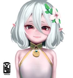 Rule 34 | absurdres, dress, flower, hair between eyes, hair flower, hair ornament, highres, jewelry, kokkoro (princess connect!), necklace, princess connect!, red eyes, silver hair, smile, solo, voc, white dress, white flower