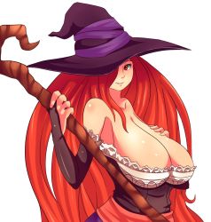 Rule 34 | 1girl, bare shoulders, breasts, chelo-stracks, cleavage, detached sleeves, dragon&#039;s crown, female focus, hair over one eye, hat, huge breasts, long hair, red eyes, red hair, sagging breasts, simple background, solo, sorceress (dragon&#039;s crown), staff, standing, upper body, white background, witch hat