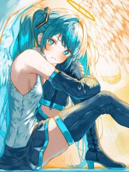 Rule 34 | 1girl, :t, armpits, black sleeves, black thighhighs, blue eyes, blue hair, blush, boots, breasts, collared shirt, detached sleeves, feathered wings, foot out of frame, from side, halo, hatsune miku, high heel boots, high heels, hugging own legs, knee up, long hair, long sleeves, looking at viewer, pout, shirt, shirubaa, sidelocks, sitting, skindentation, sleeveless, sleeveless shirt, small breasts, solo, swept bangs, thigh boots, thighhighs, twintails, v-shaped eyebrows, vocaloid, white shirt, white wings, wings, zettai ryouiki, zipper