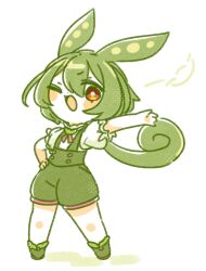 Rule 34 | 1girl, blush, brooch, chibi, commentary request, fu-ren, full body, green footwear, green hair, green shorts, hand on own hip, jewelry, legs apart, long hair, looking at viewer, low ponytail, neck ribbon, one eye closed, open mouth, orange eyes, outstretched arm, puffy short sleeves, puffy shorts, puffy sleeves, ribbon, shirt, shoes, short sleeves, shorts, simple background, smile, solo, standing, suspender shorts, suspenders, v-shaped eyebrows, voicevox, white background, white shirt, zundamon
