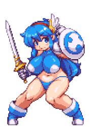 Rule 34 | 1girl, animated, animated gif, armor, bikini, bikini armor, bikini bottom only, blue eyes, blue hair, boots, bouncing breasts, breasts, female focus, fighting stance, gloves, hairband, huge breasts, impossible clothes, impossible shirt, large breasts, long hair, lowres, matching hair/eyes, navel, original, pixel art, sb (coco1), shield, shirt, solo, swimsuit, sword, tecna (yumura kino), weapon