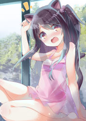 Rule 34 | 1girl, @ @, adachi tenka, animal ears, arm up, bare arms, bare shoulders, black hair, blush, breasts, brown eyes, cat ears, cat girl, cat tail, commentary request, cube hair ornament, dress, hair between eyes, hair ornament, hand on own ear, indoors, kemonomimi mode, kuriyuzu kuryuu, long hair, nose blush, notice lines, one side up, open mouth, pink dress, shoujo ramune, sleeveless, sleeveless dress, small breasts, solo, tail, tail raised, very long hair, wavy mouth, window