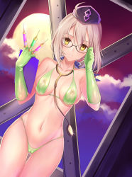 Rule 34 | 1girl, ahoge, artoria pendragon (fate), bare shoulders, between fingers, bikini, black-framed eyewear, blonde hair, blush, breasts, clipboard, collarbone, cosplay, covered erect nipples, fate/grand order, fate (series), florence nightingale (fate), florence nightingale (fate) (cosplay), florence nightingale (trick or treatment) (fate), florence nightingale (trick or treatment) (fate) (cosplay), full moon, garrison cap, glasses, gloves, gogatsu fukuin, green bikini, green gloves, hair between eyes, hair through headwear, hat, highleg, highleg bikini, highres, hip focus, holding, long hair, looking at viewer, medium breasts, moon, mysterious heroine x alter (fate), navel, night, night sky, official alternate costume, parted lips, purple hat, purple sky, revealing clothes, sky, solo, stethoscope, swimsuit, syringe, thighs, yellow eyes