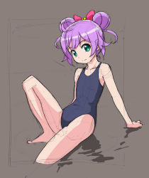 Rule 34 | 1girl, bow, brown background, double bun, green eyes, hair bow, looking at viewer, manaka laala, one-piece swimsuit, pretty series, pripara, purple hair, rohitsuka, school swimsuit, short hair, sitting, sketch, solo, swimsuit
